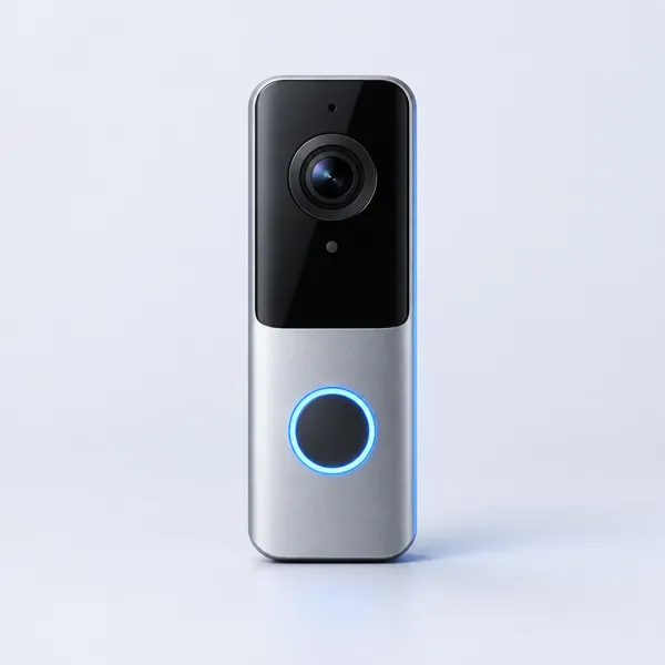 A modern video doorbell with a glowing ring button