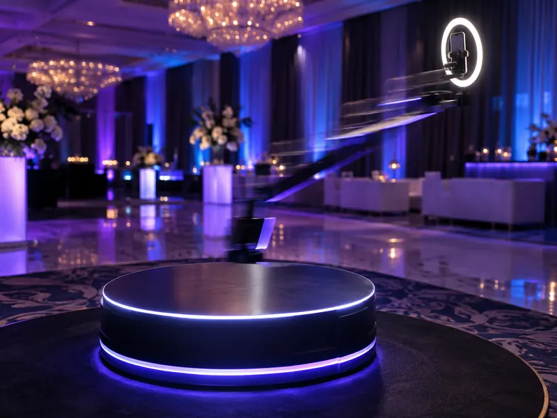 A 360-degree video booth platform at an elegant event venue