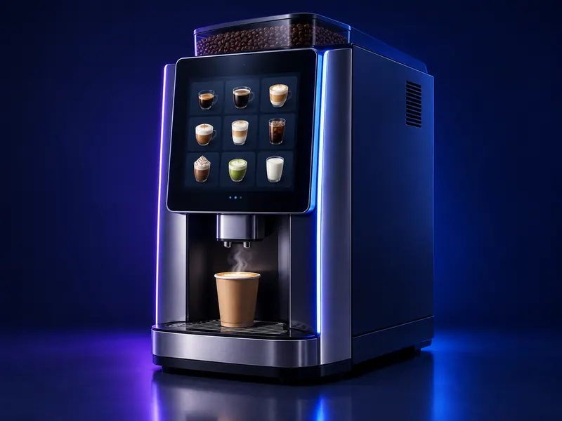 A bean-to-cup coffee vending machine with a touchscreen