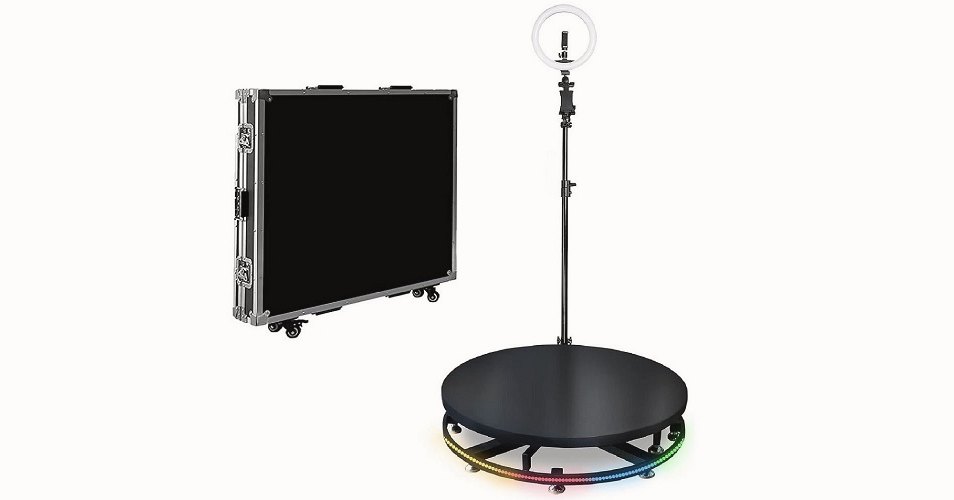 Round 360 video platform with LED base lighting, overhead camera arm with ring light, and its travel case