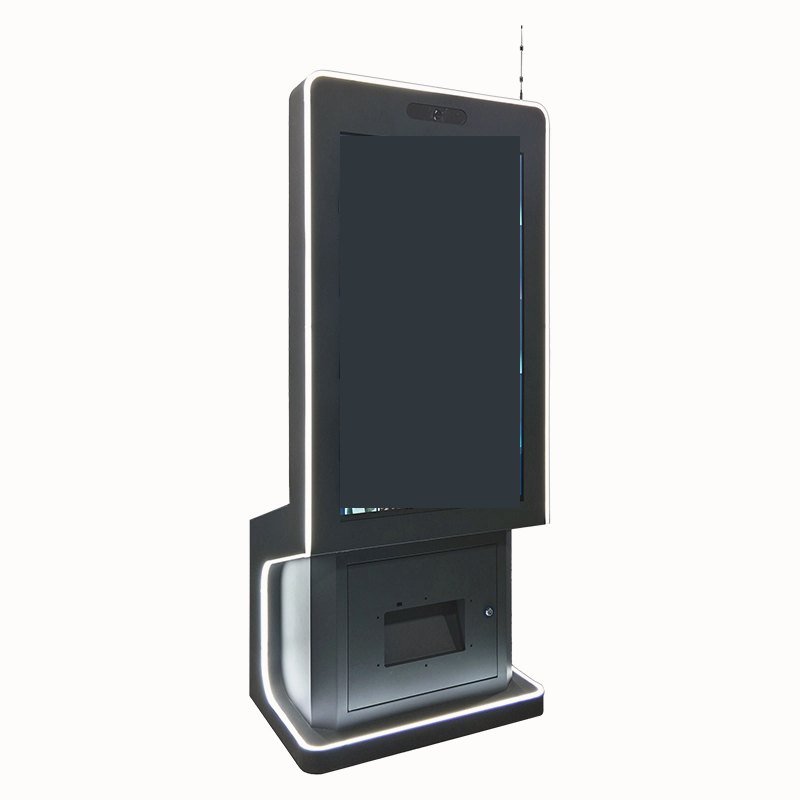 Freestanding photo kiosk with a large touchscreen and built-in printer