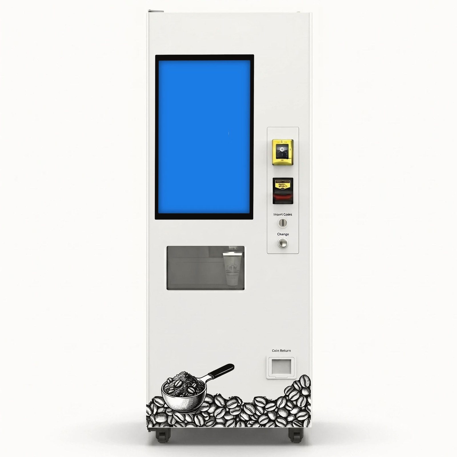 Floor-standing coffee vending machine with a large touchscreen and cup window
