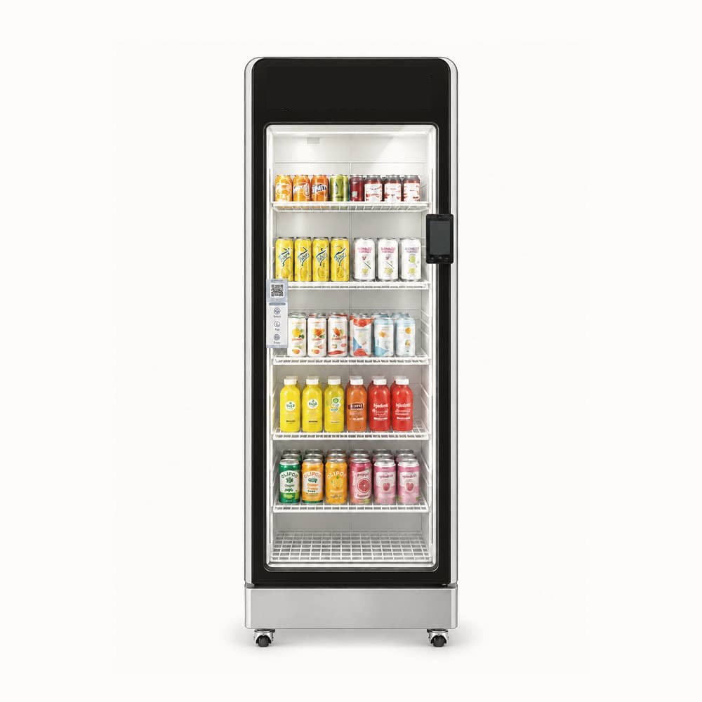 Single-door smart drinks cooler stocked with cans and bottles