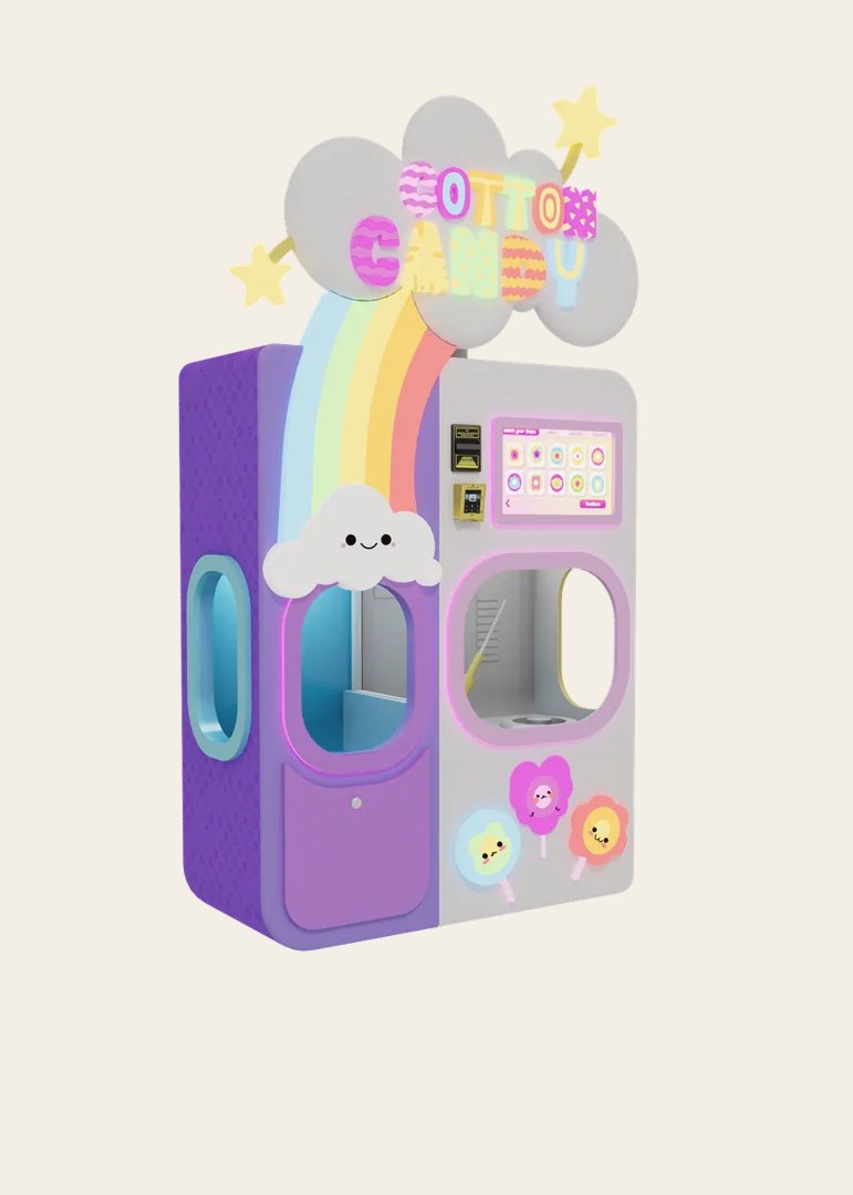 Cotton candy robot with a rainbow design, touchscreen and viewing windows
