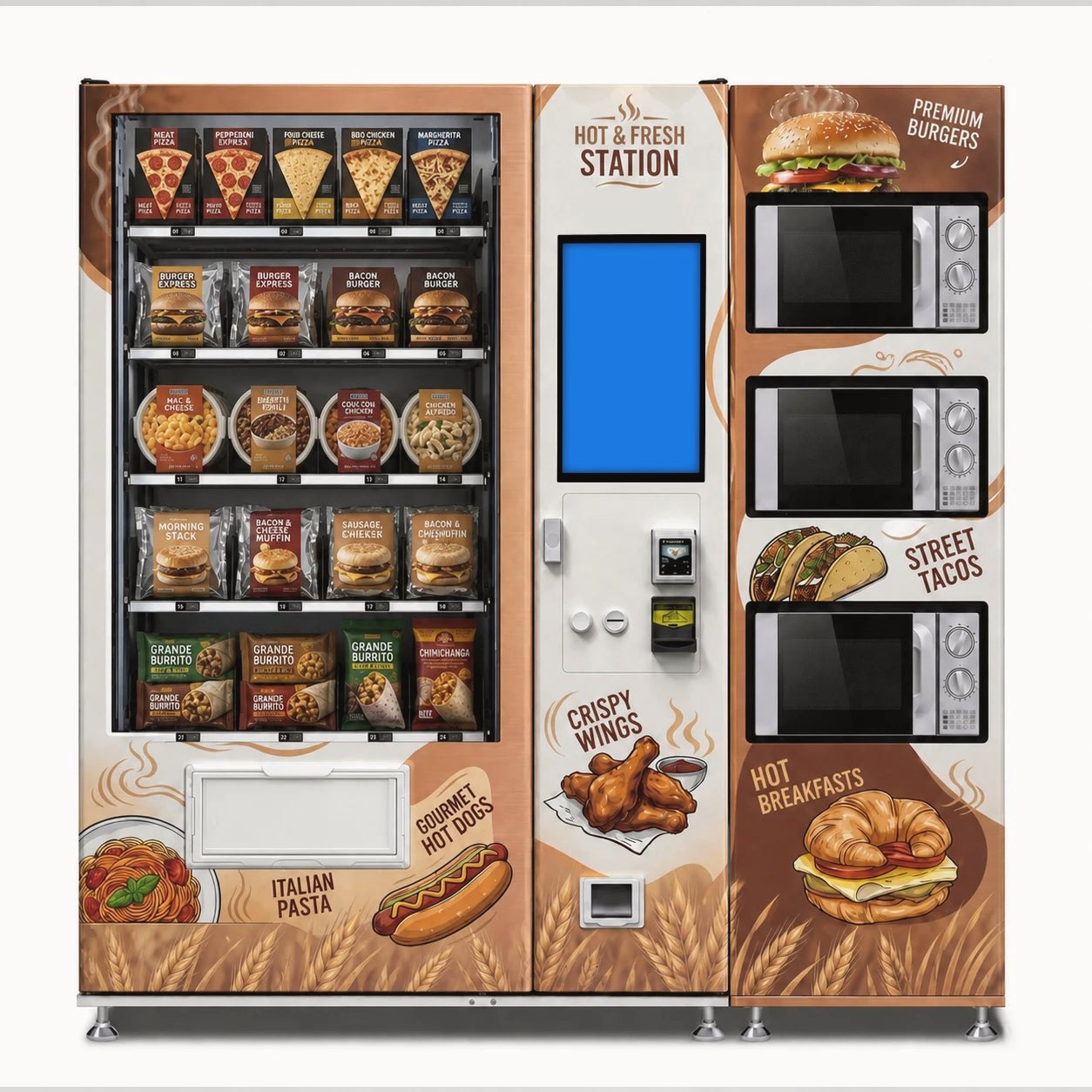 Hot meal vending machine with a refrigerated meal section and three built-in microwaves