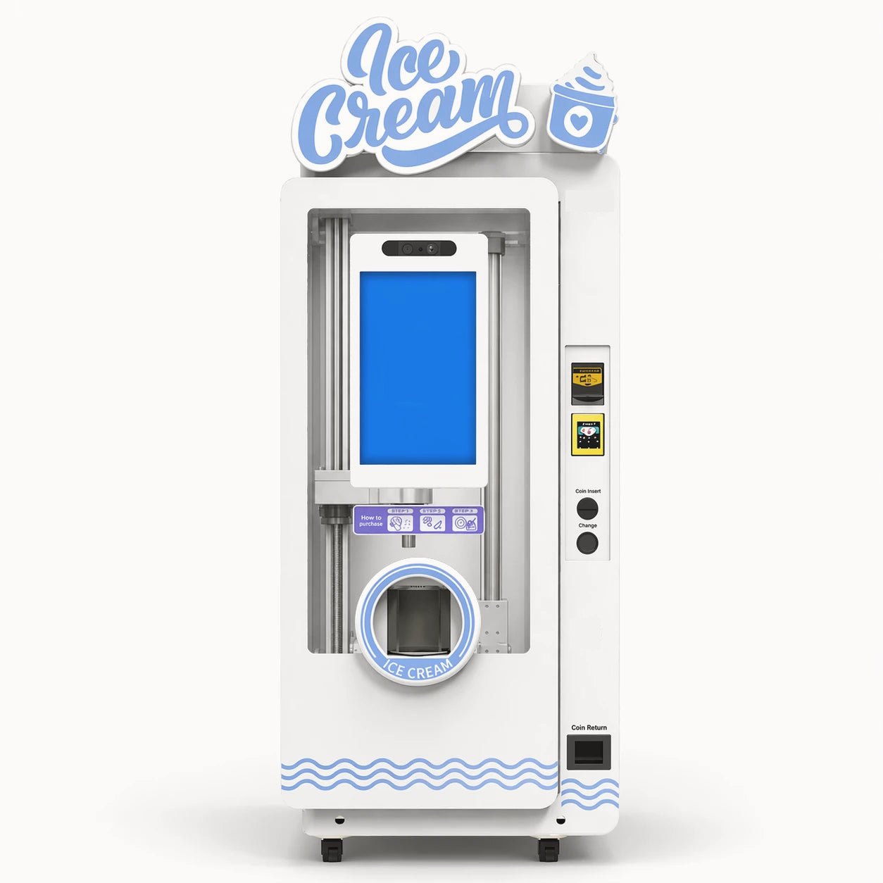 Soft-serve ice cream vending machine with a touchscreen and dispensing window