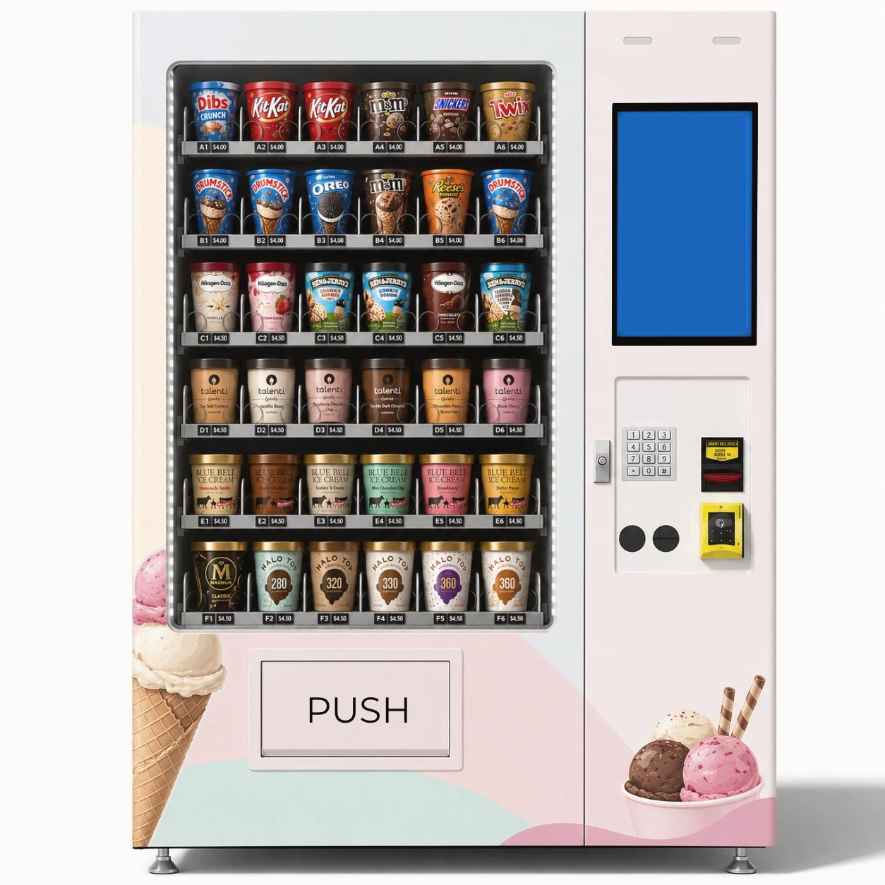 Frozen treat vending machine stocked with ice cream pints