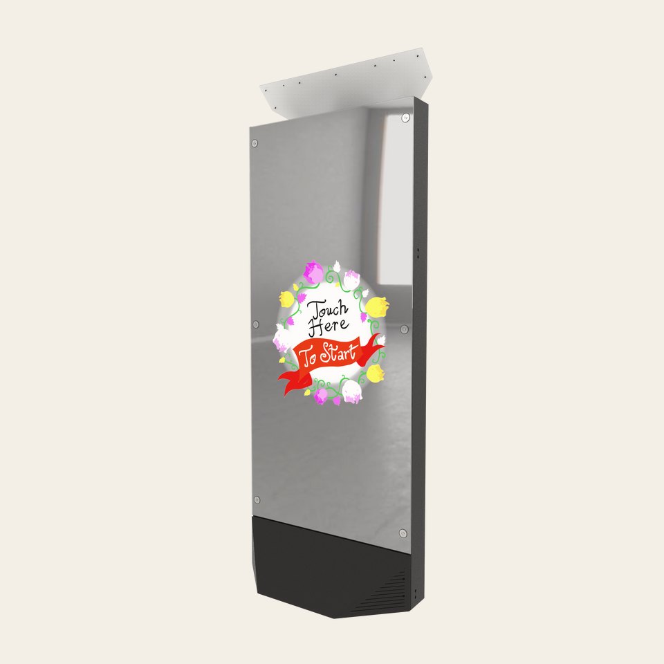 Full-length mirror photo booth with a 'Touch here to start' animation