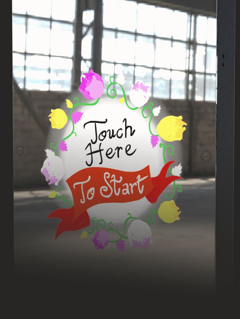 Close-up of the mirror booth's animated start screen
