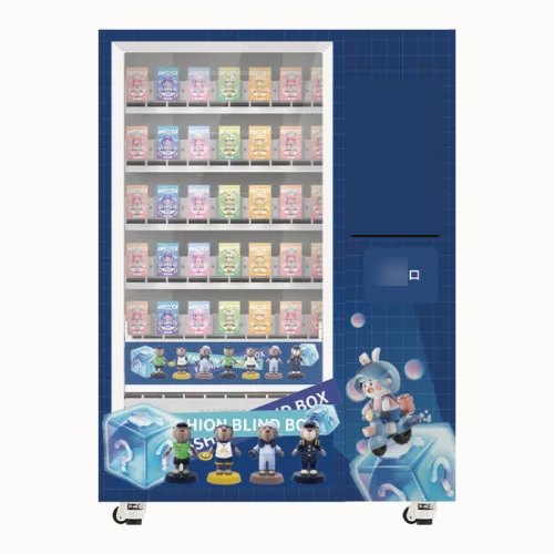 Blind-box vending machine with rows of boxed collectibles behind glass