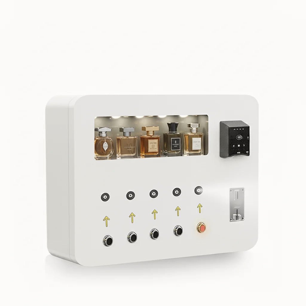 Wall-mounted perfume spray machine with five fragrances, a card reader and a coin slot