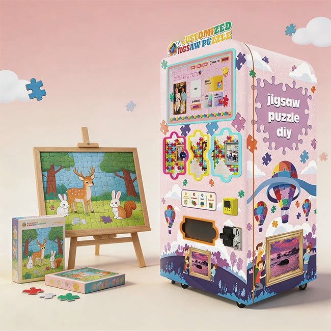Photo jigsaw puzzle machine beside a finished puzzle on an easel