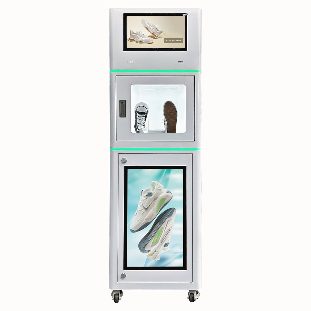 Shoe cleaning machine with a touchscreen, lit cleaning chamber and ad screen