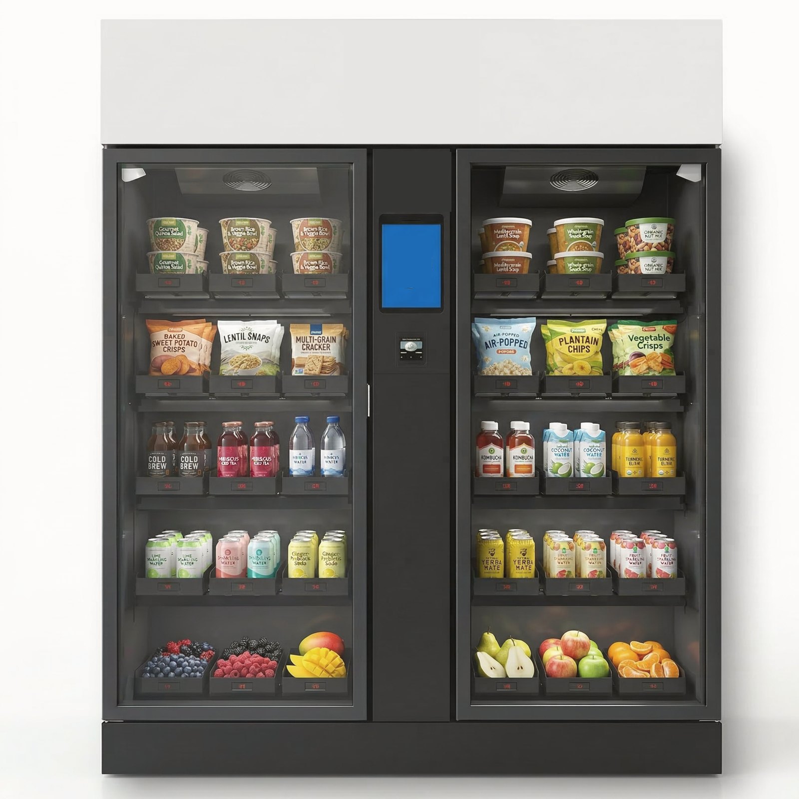 Double-door smart fridge with snacks, drinks and fresh fruit, and a central touchscreen