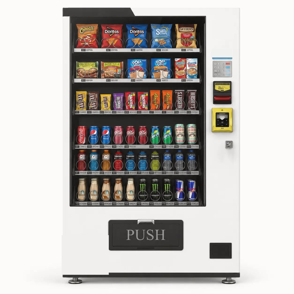 Full-size glass-front snack and drink combo machine with card reader and bill acceptor