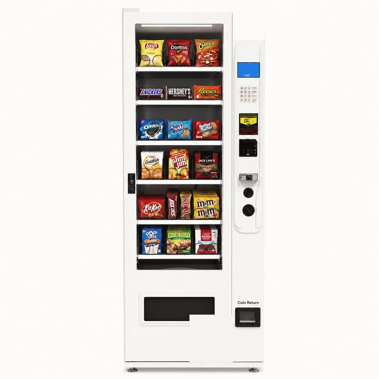 Slim snack vending machine with keypad and payment panel