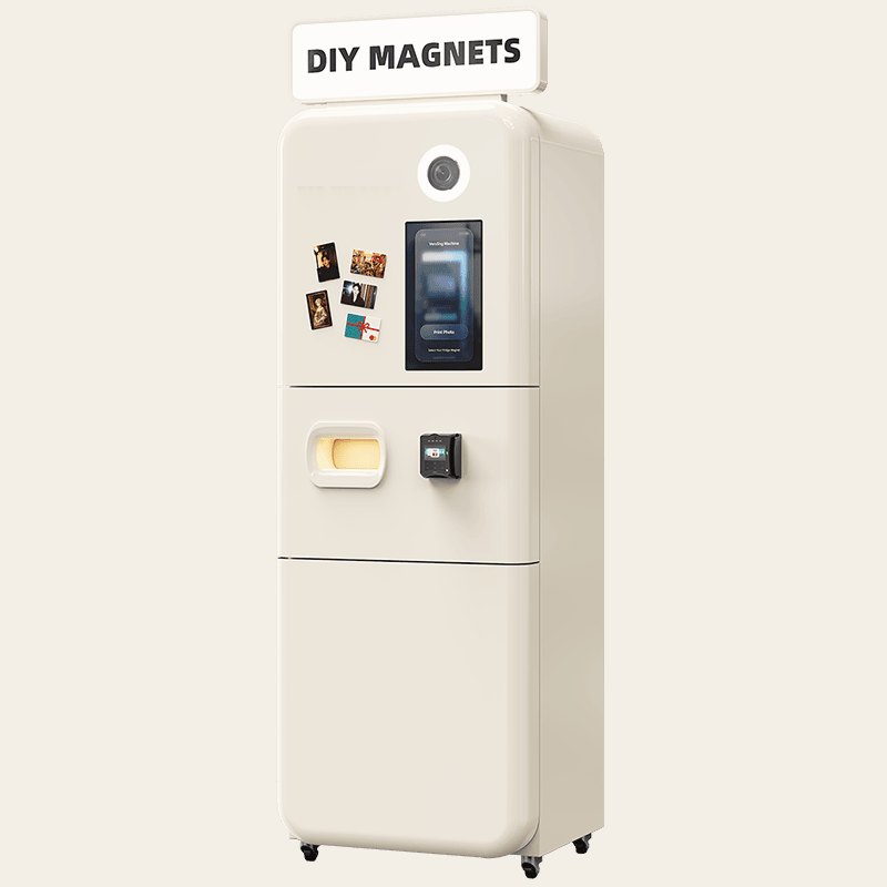 Photo magnet kiosk with a built-in camera, touchscreen and pickup slot