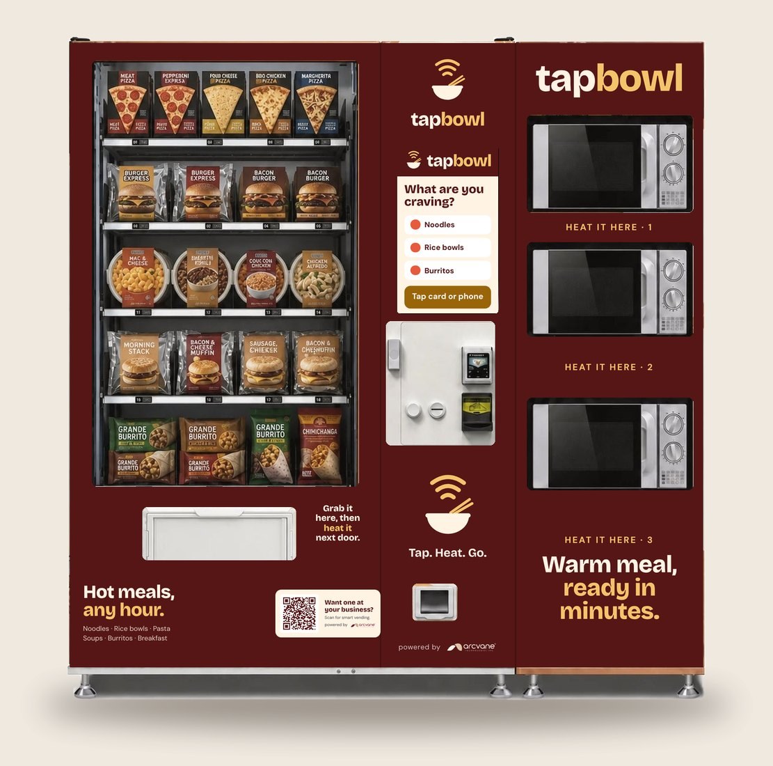 Hot meal machine with built-in microwaves, wrapped in the TapBowl brand