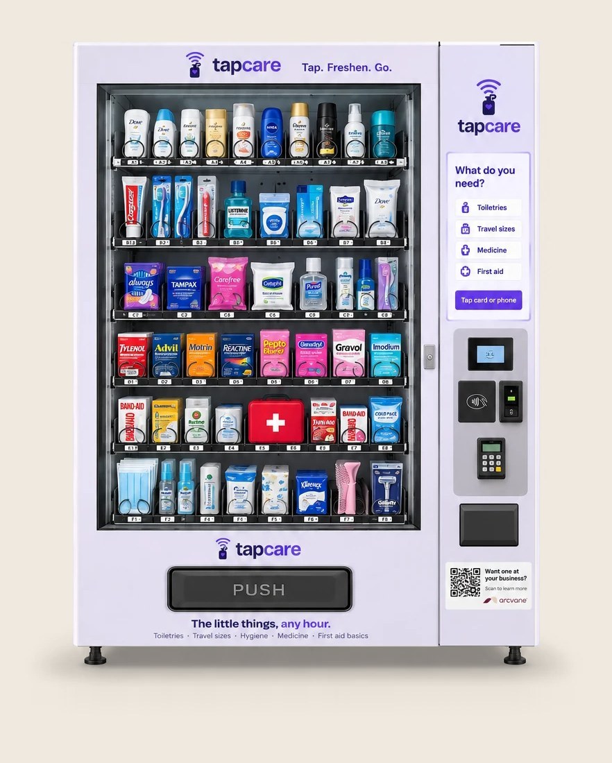 Personal care vending machine wrapped in the TapCare brand