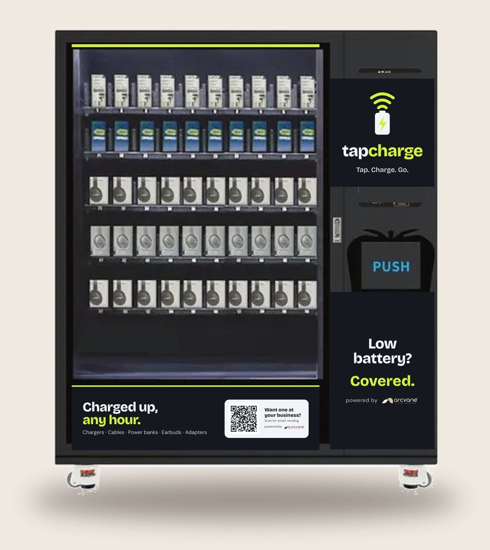 Tech vending machine wrapped in the TapCharge brand
