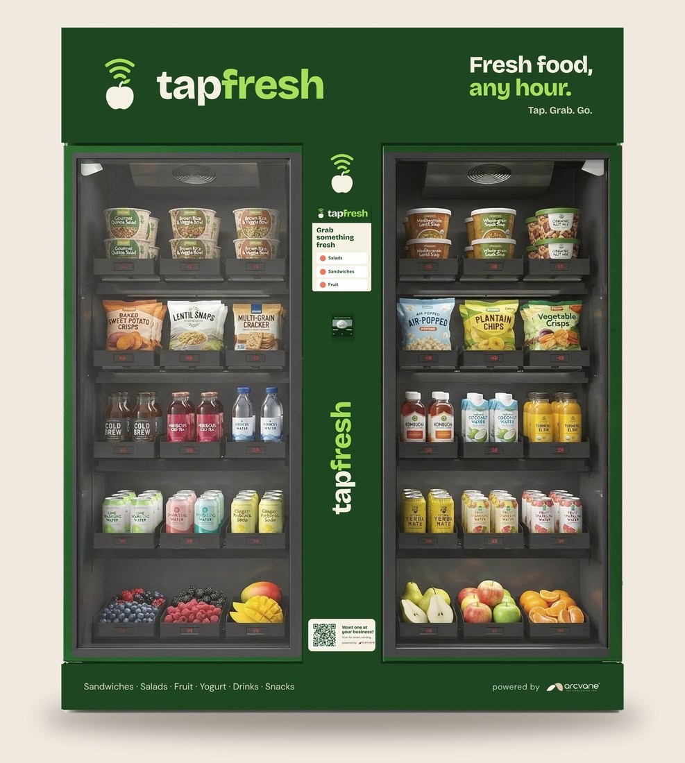Two-door smart fridge wrapped in the TapFresh brand