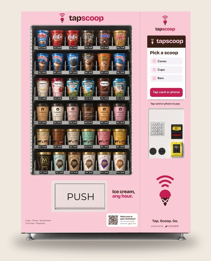 Glass-front ice cream machine wrapped in the TapScoop brand