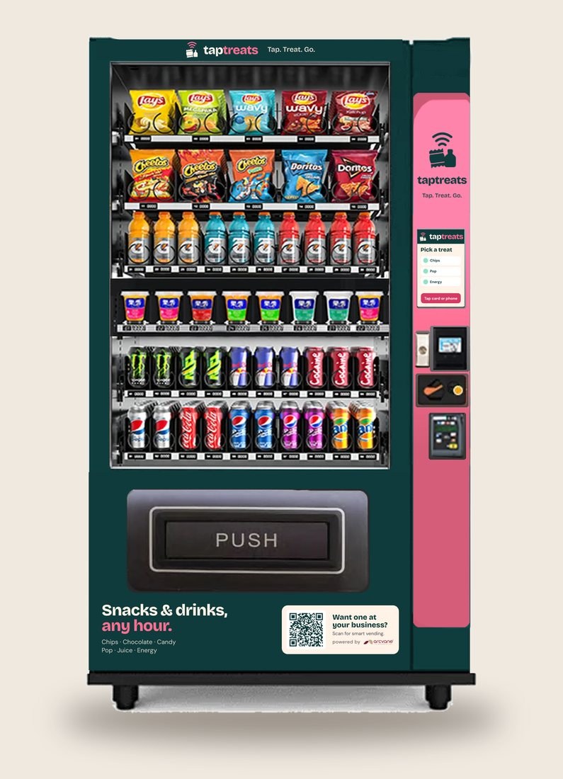 Snack and drink combo machine wrapped in the TapTreats brand