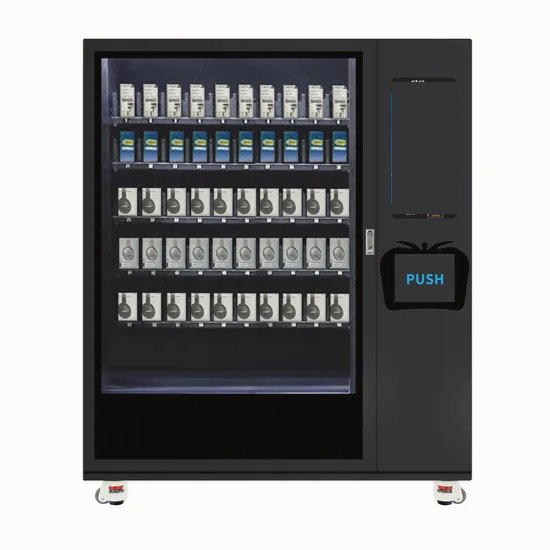 Black vending machine stocked with phone accessories